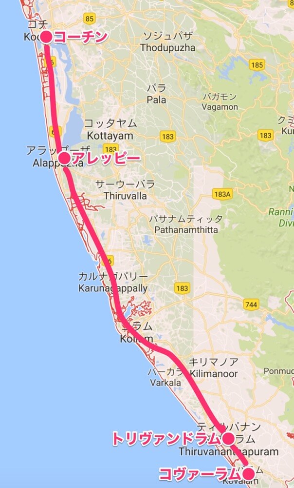 旅ルート(南インド・ケララ州1マップ)