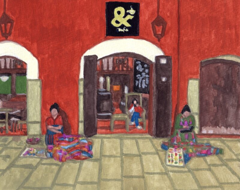 夜のカフェと土産物売り（グアテマラ・アンティグア）