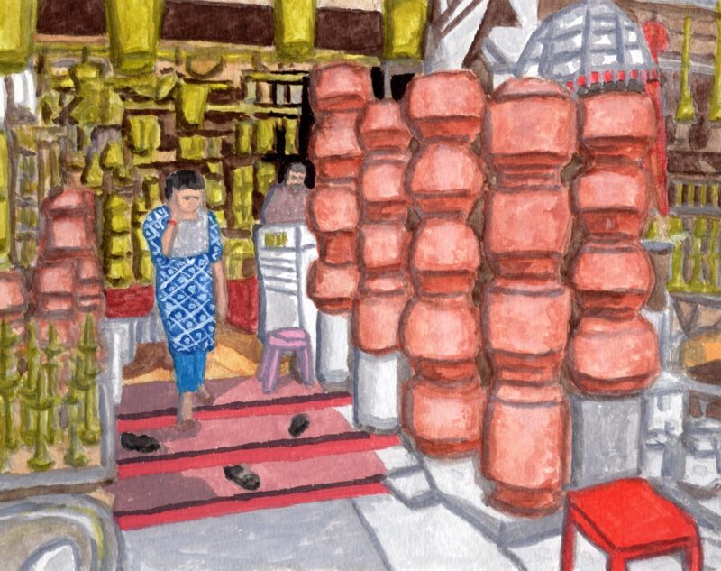 ビリヤニ鍋が並ぶ食器屋（インド・マイソール）